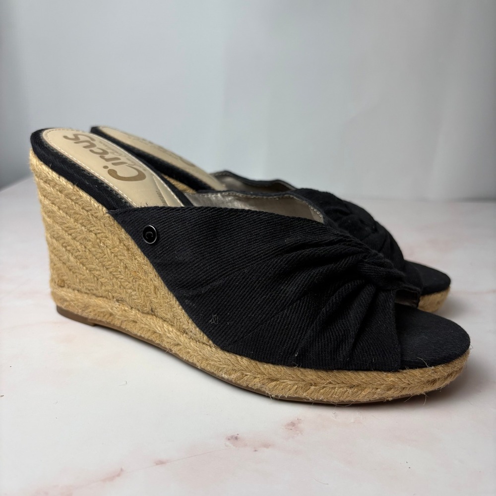 Circus by Sam Edelman Black Canvas Espadrille Wedge Sandals Women Size 7 Twisted
